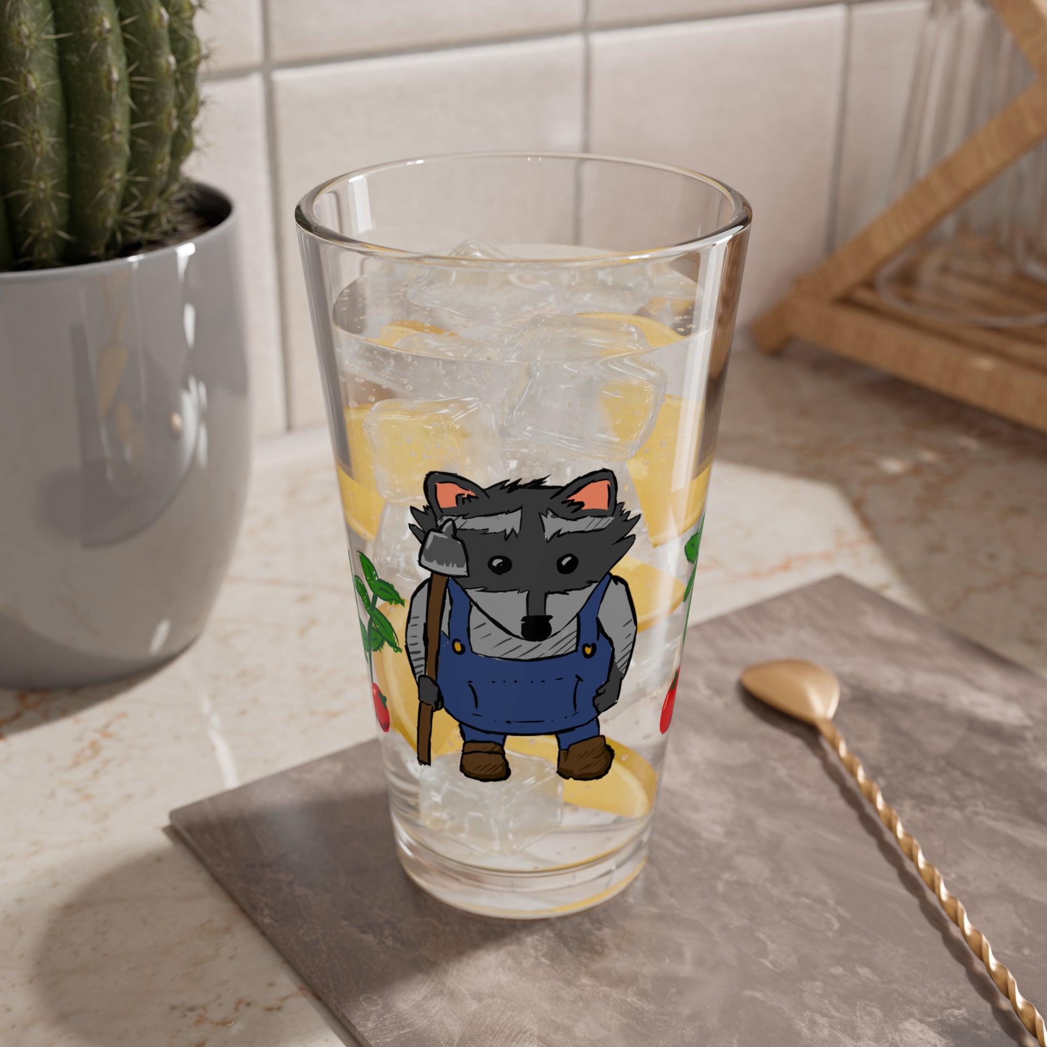 Farmer Raccoon & Elephant 16oz glass